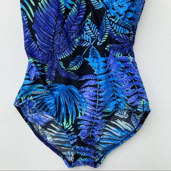 Speedo Size 6 One Piece Swimsuit Blue Floral Fern Leaves Botanical Bathing Suit - Picture 4 of 11